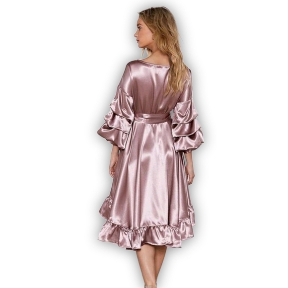High Low Wrap Dress – Nasty Gal – Rose Blush – Statement Sleeve Satin Ruffle Hem - Picture 7 of 12